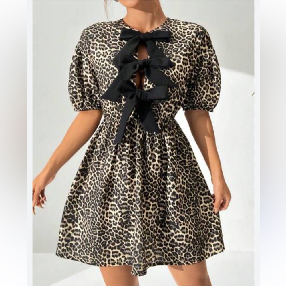 Leopard Print Dress with Black Bow Front